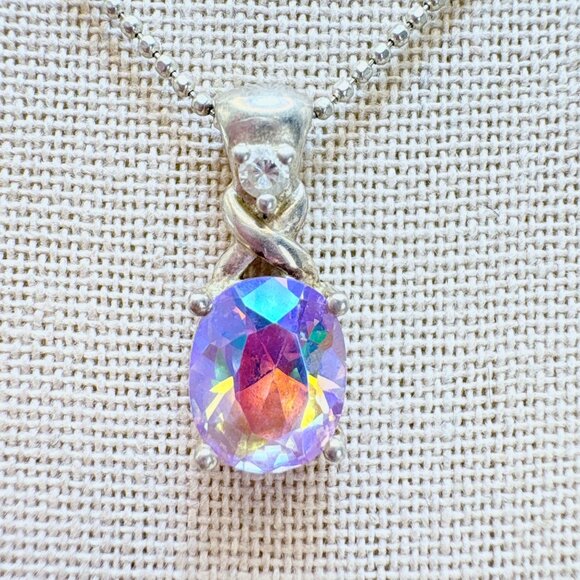 Sterling Silver 925 Rainbow Quartz Prong Set Pendant Necklace Size 19" Length - Picture 1 of 12